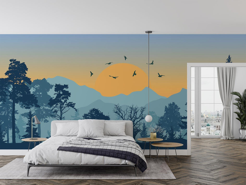 Pine tree wall mural with sunset view adding warmth to bedroom decor