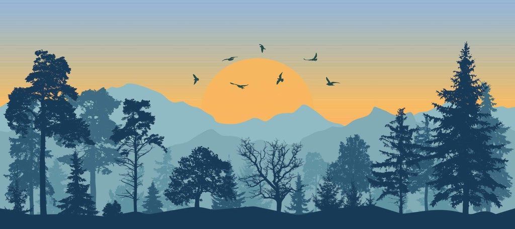 Mountain landscape wallpaper design file showing detailed pine trees and sunset birds pattern