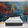 Mountain lake wallpaper mural styled in modern living room, showing autumn colors and water reflections