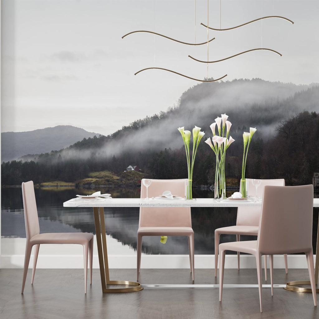 Misty forest mural in cozy bedroom setting with minimal Scandinavian furniture