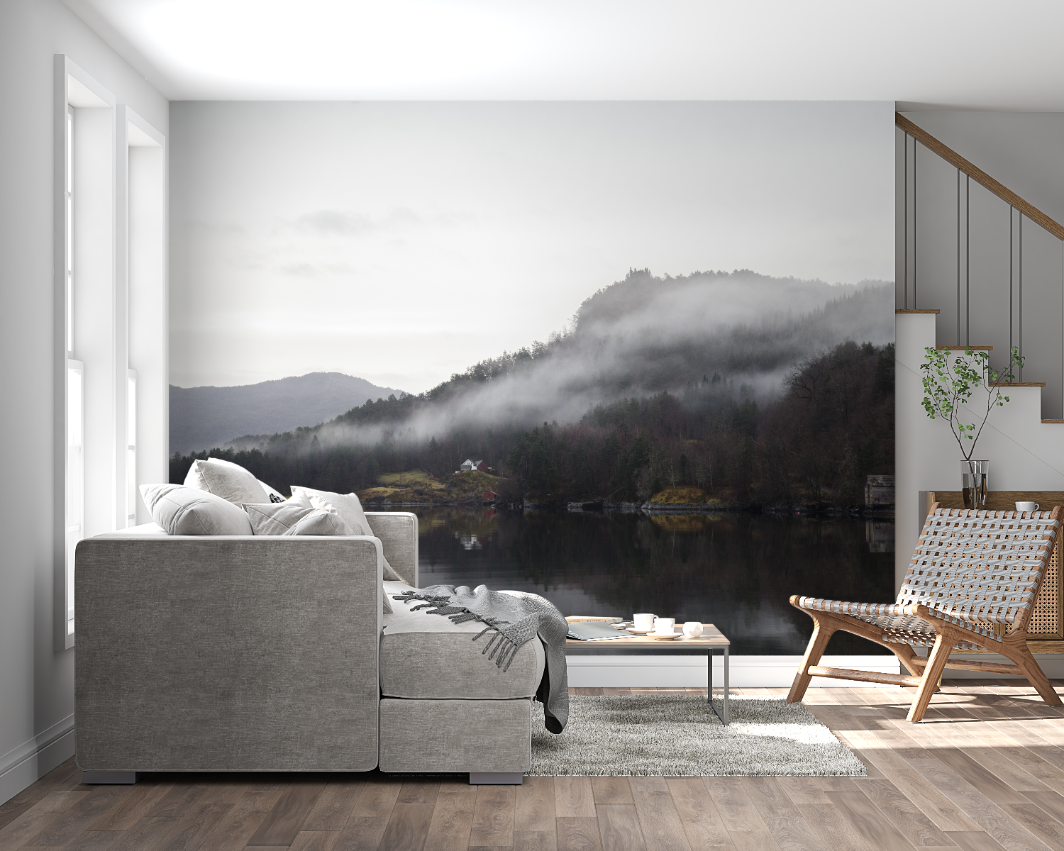 Mountain landscape mural adding depth to dining room with wooden table