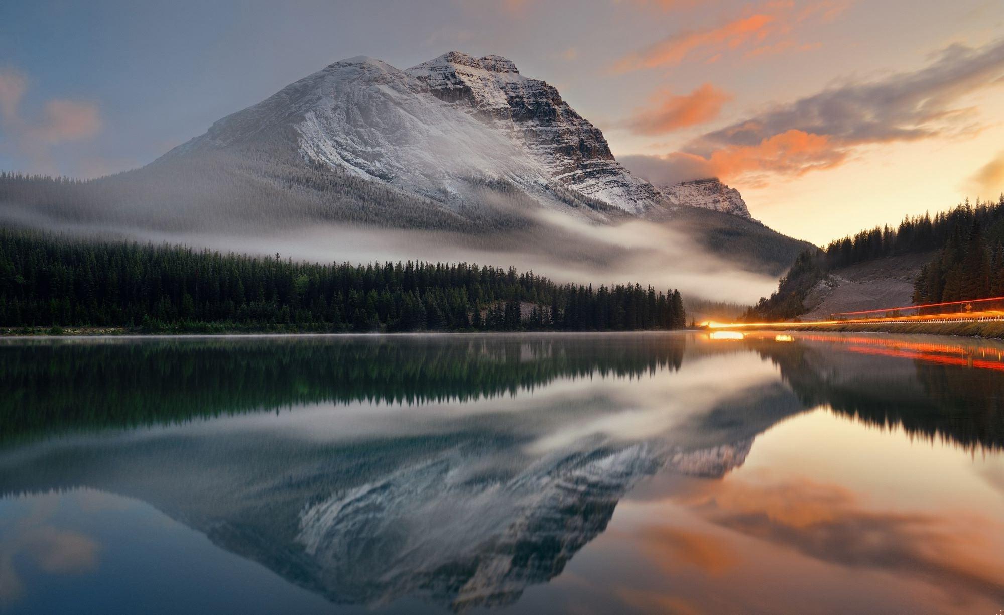 Mountain lake wallpaper design file showing misty sunset reflection pattern