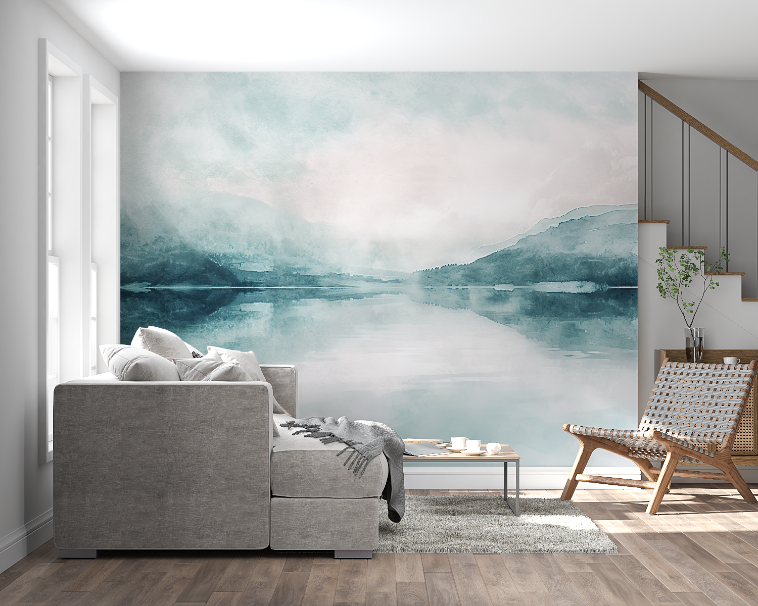 Home office featuring calming lake and mountain landscape wallpaper