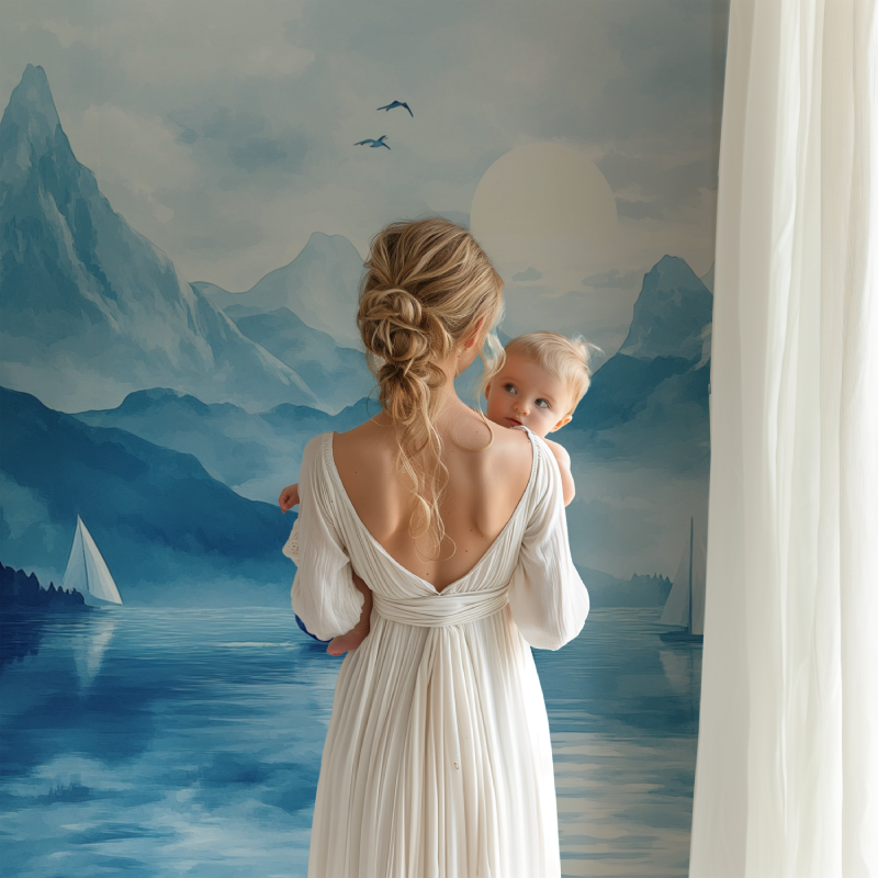 Misty peaks wallpaper creating a calm atmosphere in a reading nook