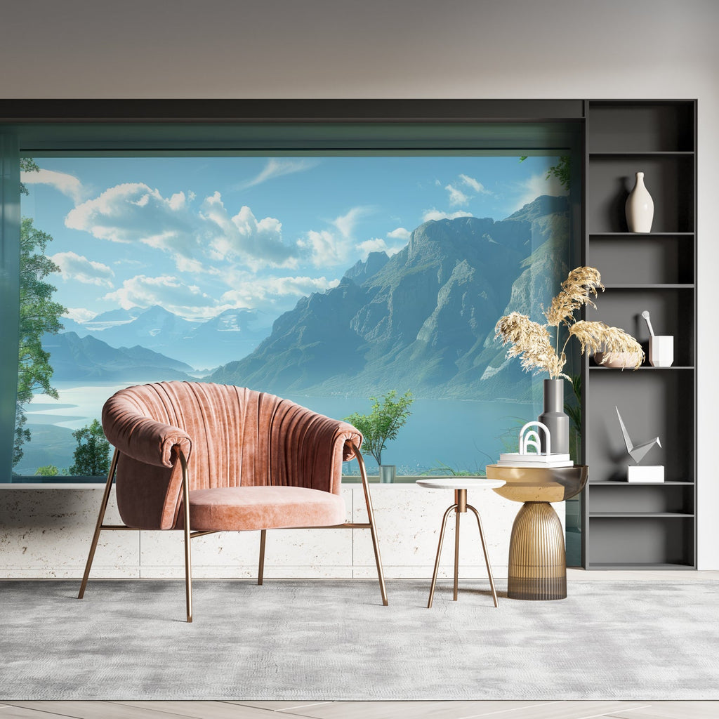 3D mountain lake wallpaper in minimalist dining room setting