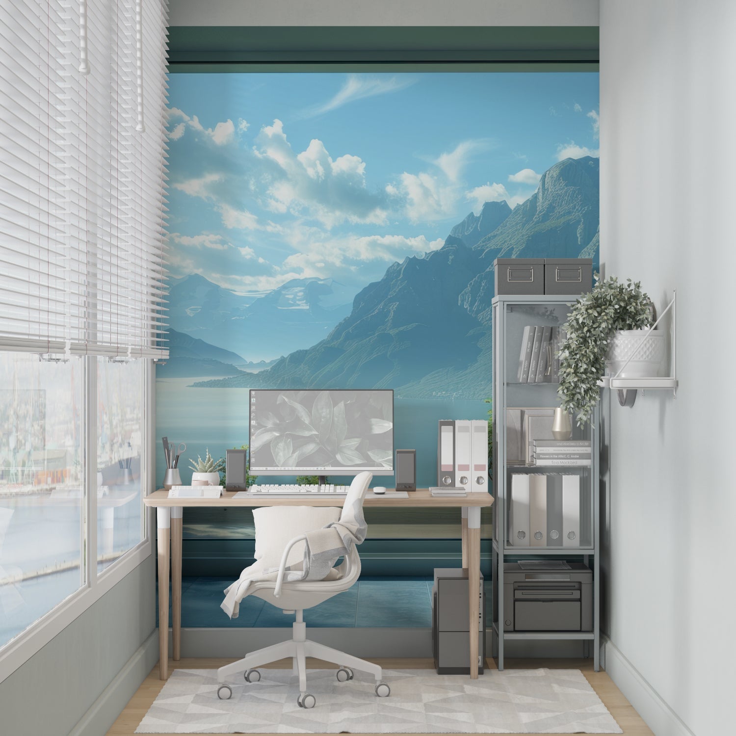 Mountain panorama mural in contemporary home office setup