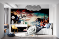 Mountain lake wallpaper creating depth in modern living room with sunset colors reflecting off white furniture