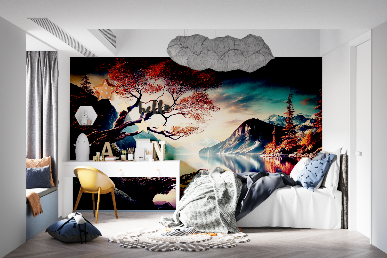 Mountain lake wallpaper creating depth in modern living room with sunset colors reflecting off white furniture