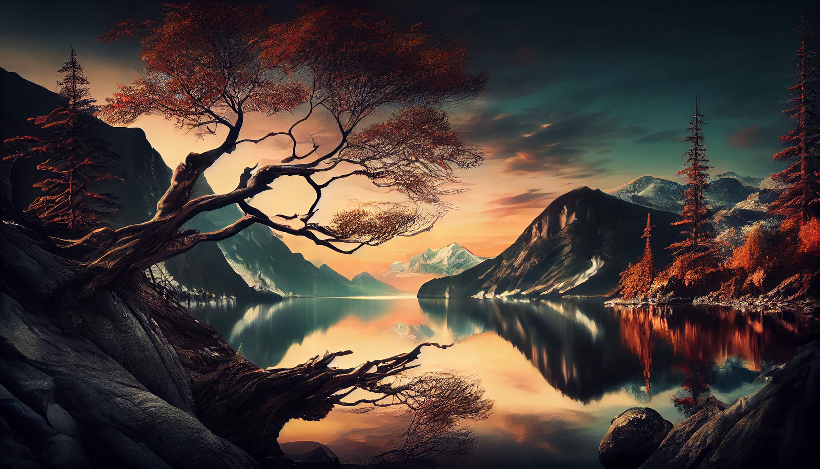Mountain lake wallpaper design file showing detailed sunset colors and cherry blossom pattern