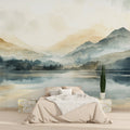 Mountain Lake Wallpaper in bright modern living room, creating depth and serenity