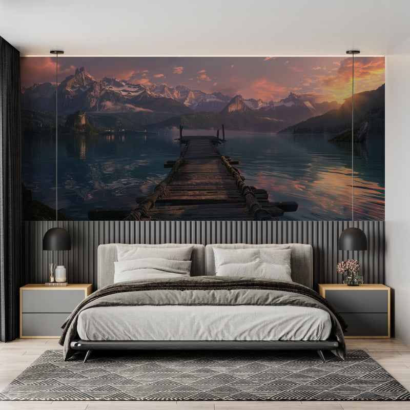 Dining room showcase of mountain lake wallpaper with sunset colors and wooden pier