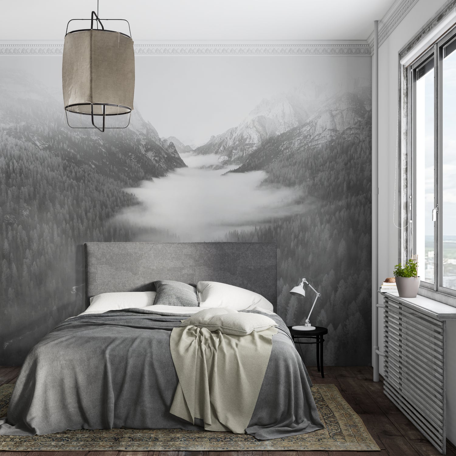 Misty valley mural in home office with wooden desk and plants