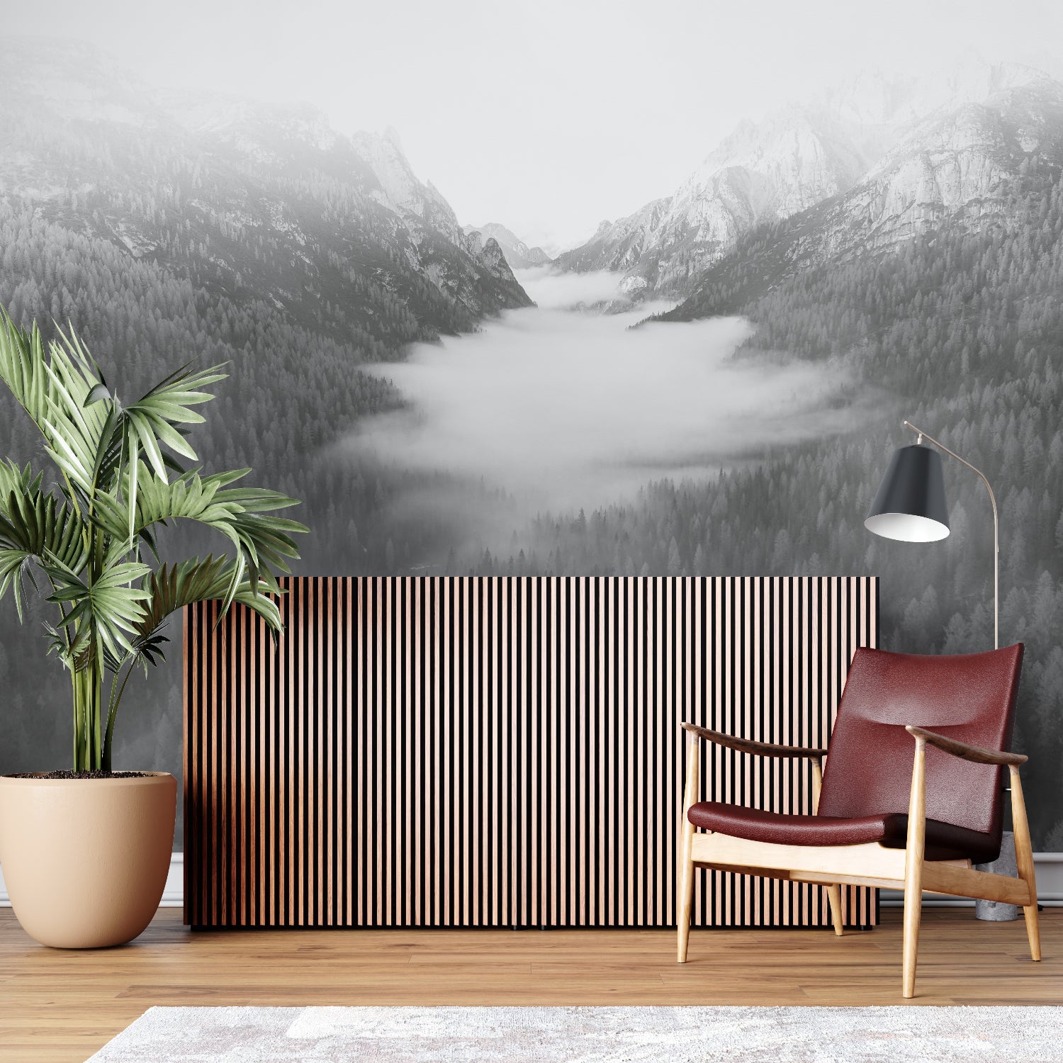 Black and white mountain mural in minimalist bedroom with wooden furniture