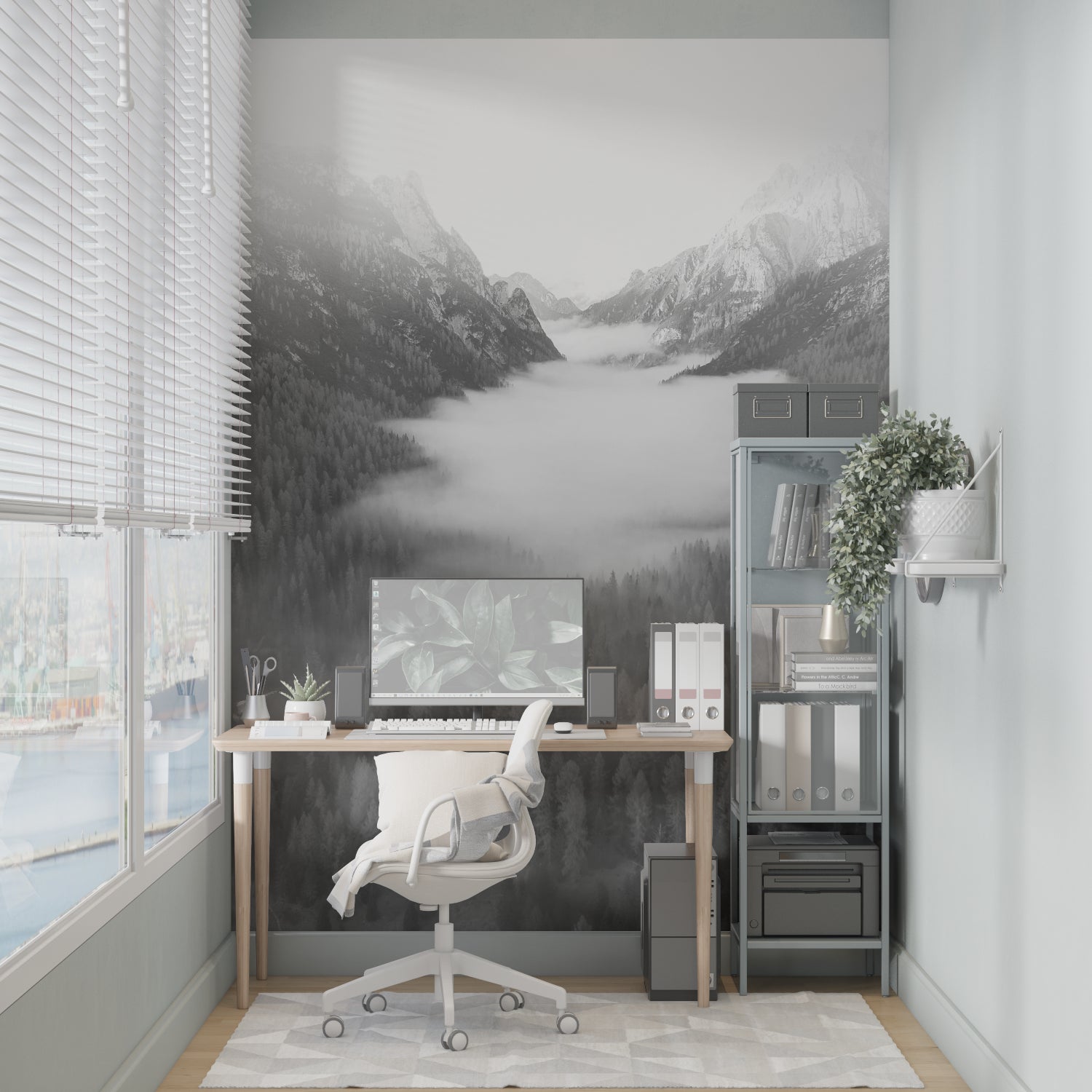 Mountain landscape mural bringing nature into dining room with round table