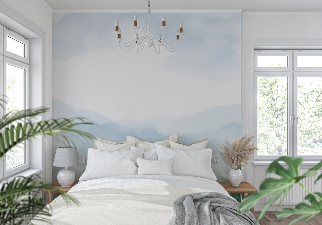 Mountain vista wallpaper bringing nature into home office with wooden desk