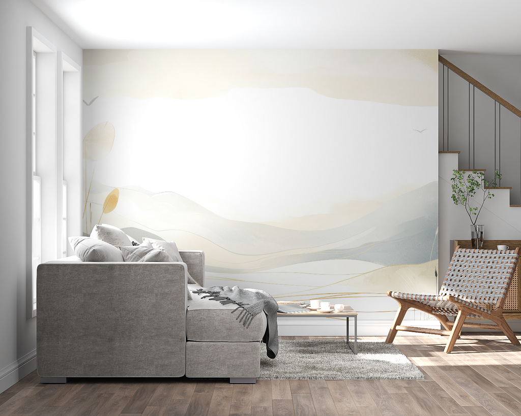 Abstract mountain design in entrance hall with golden accents