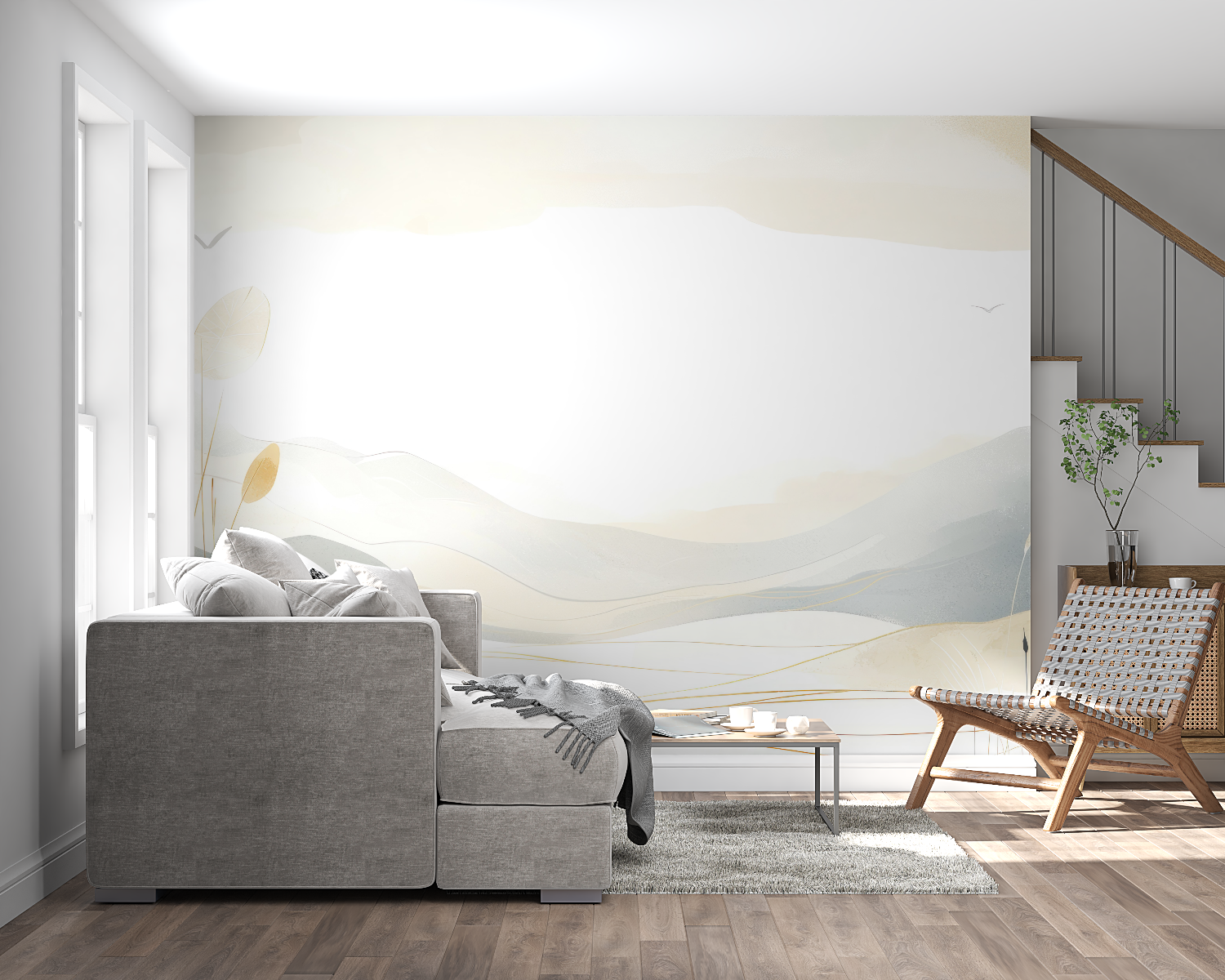 Abstract mountain design in entrance hall with golden accents