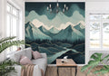 Mountain landscape wallpaper in modern living room with grey sofa and natural light