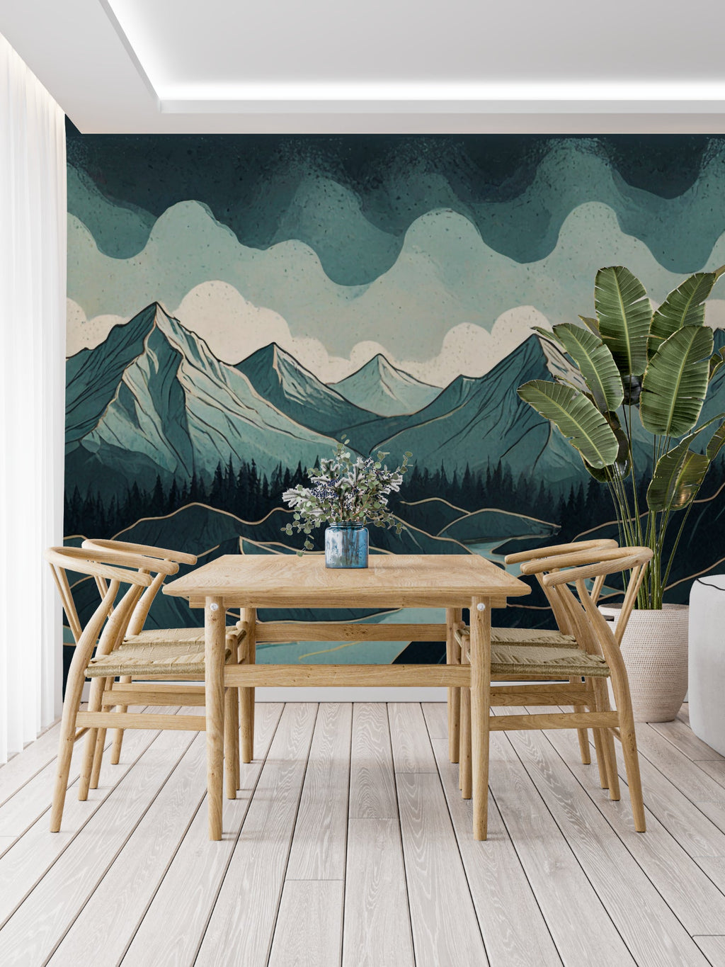 Green mountain wallpaper in cozy bedroom with wooden furniture