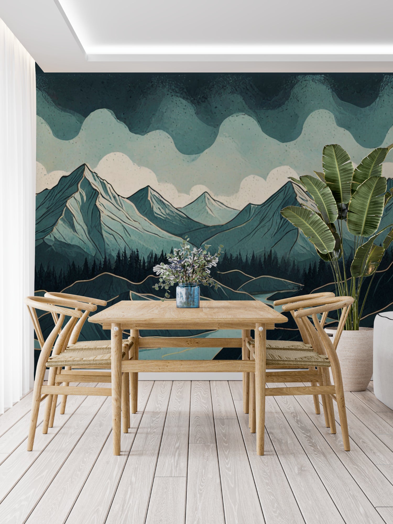Green mountain wallpaper in cozy bedroom with wooden furniture