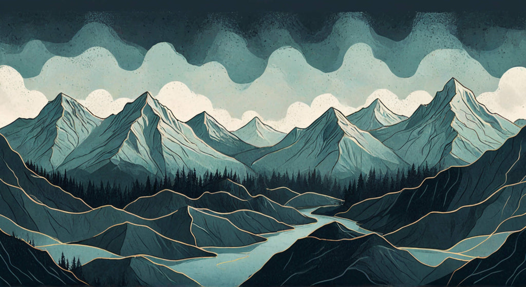 Mountain landscape wallpaper design file showing full pattern and rich green tones