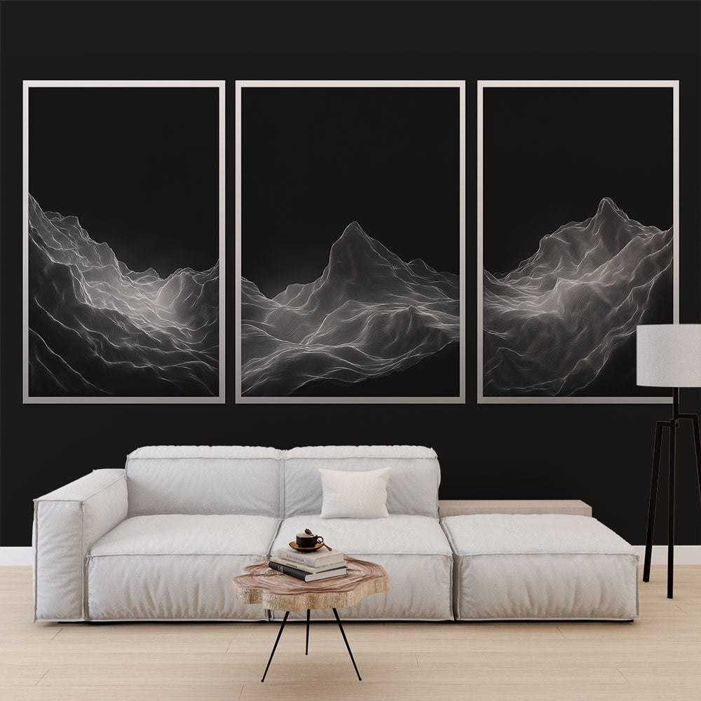 Modern mountain line art wallpaper creating depth in a minimalist living room with clean furniture and natural light