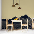 Modern mountain wallpaper with abstract linear waves shown in a bright contemporary living room setting