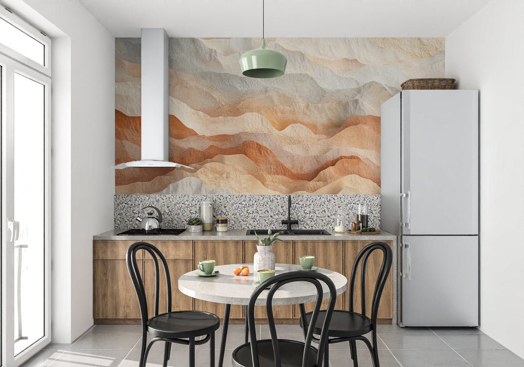 Abstract Mountain Wallpaper creating a warm atmosphere in a modern living room with minimal furniture