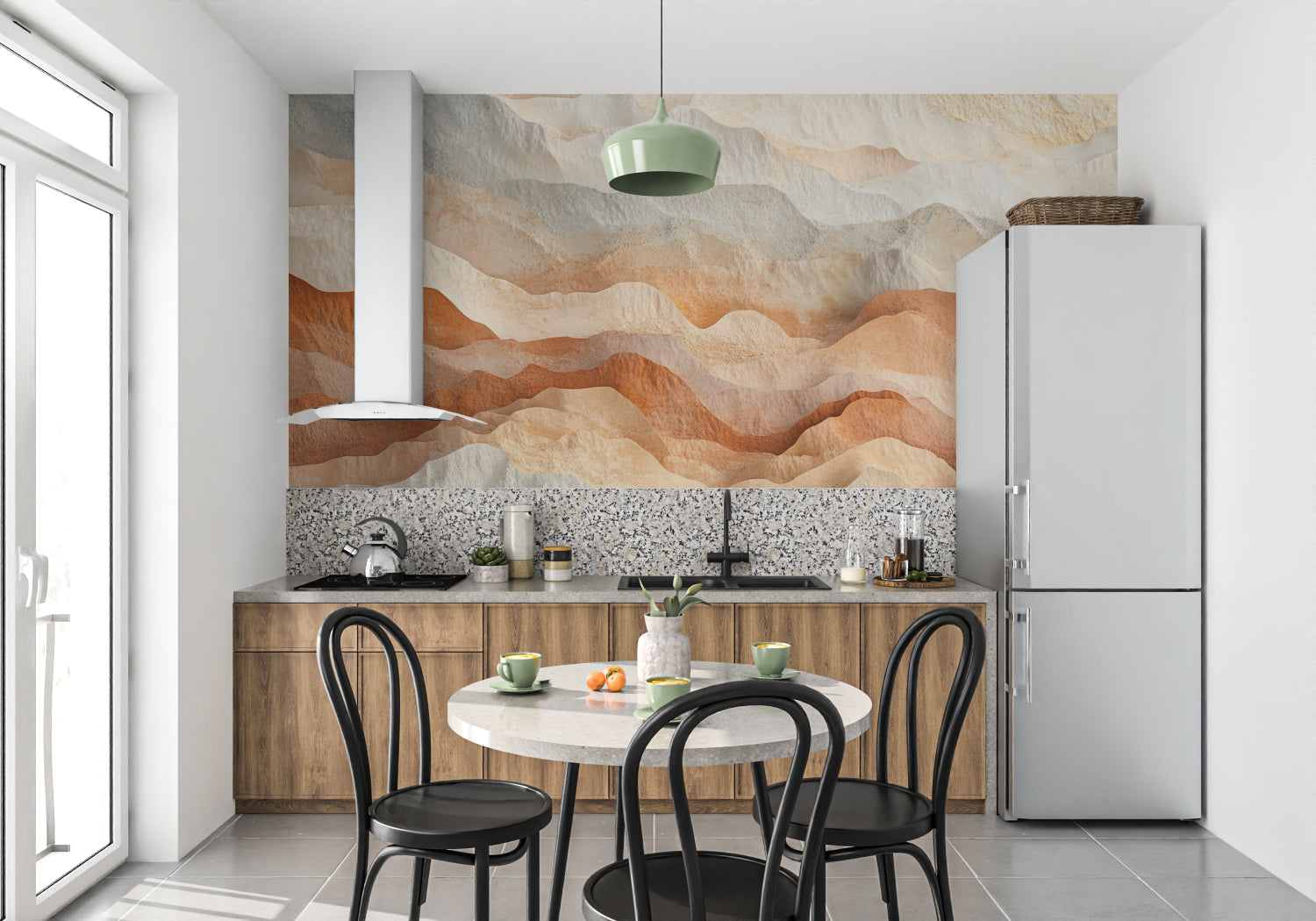 Abstract Mountain Wallpaper creating a warm atmosphere in a modern living room with minimal furniture