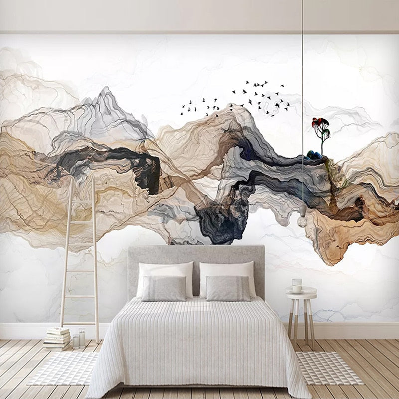 Abstract mountain mural in hallway, demonstrating how pattern flows across wall