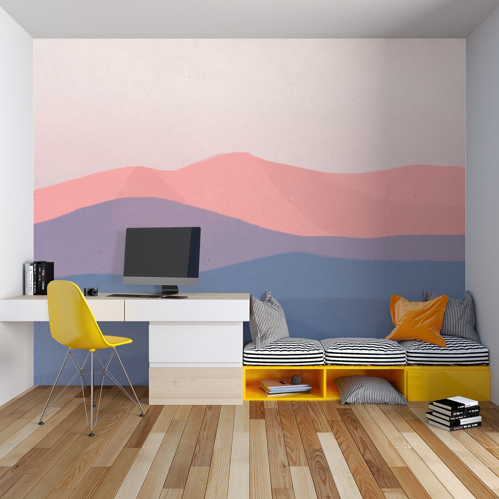 Geometric mountain wallpaper with flowing waves adding depth to a contemporary home office