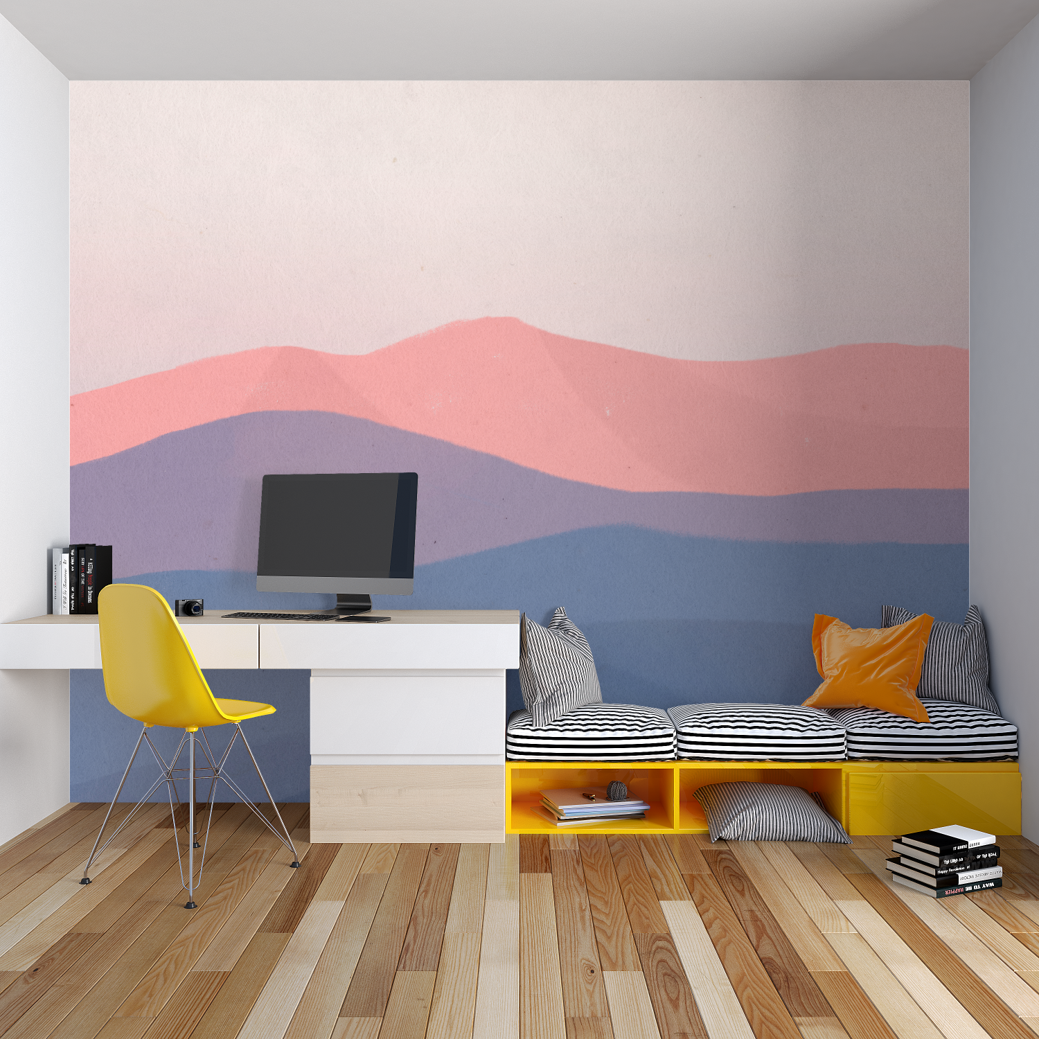 Geometric mountain wallpaper with flowing waves adding depth to a contemporary home office