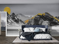 Modern mountain mural in elegant living room showing black and gold peaks creating depth