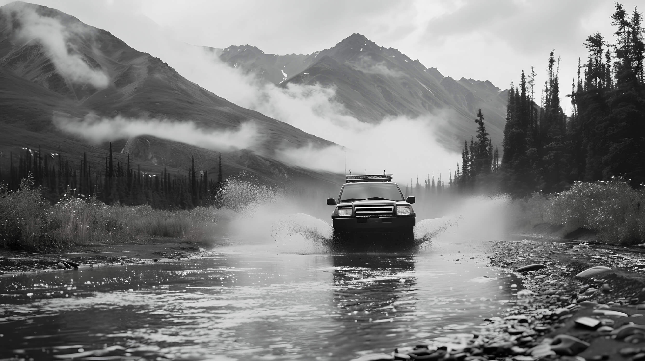 Mountain landscape design file showing detailed black and white peaks with misty atmosphere