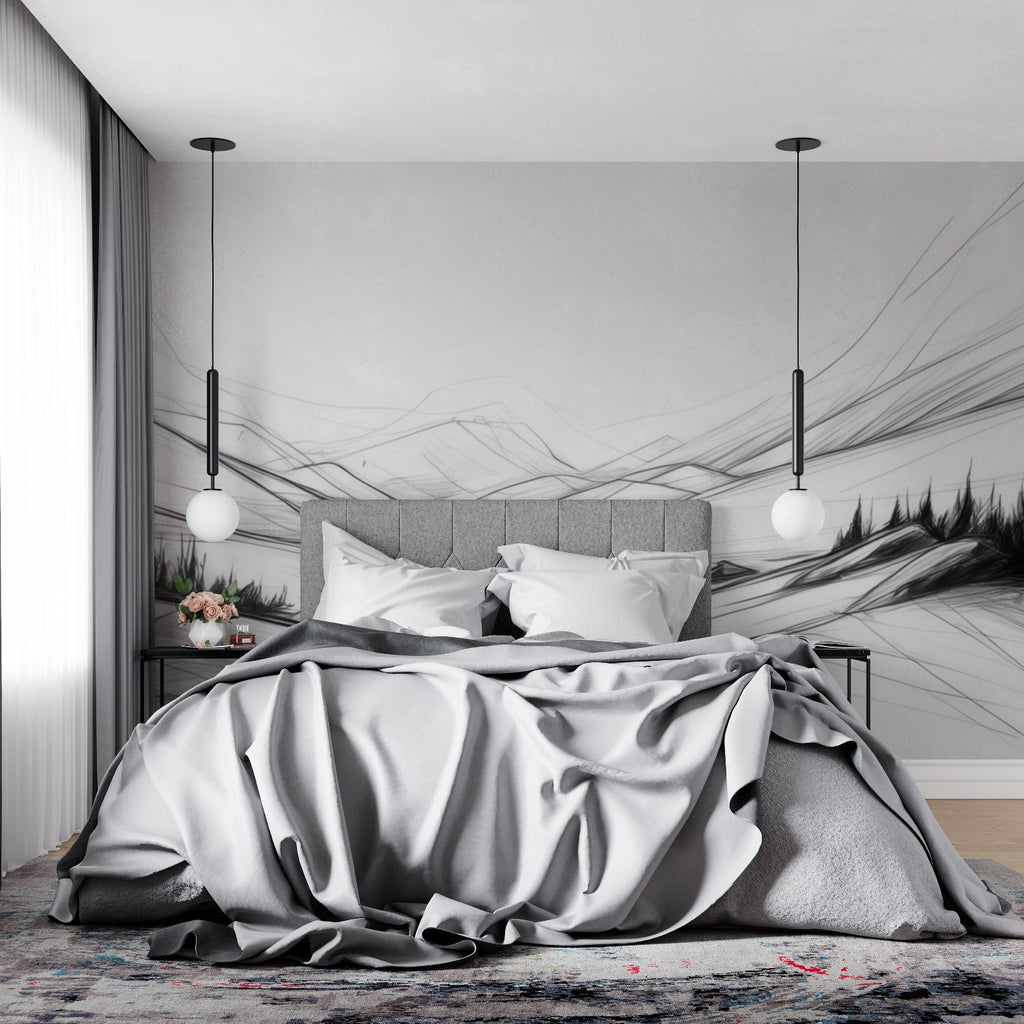 Sketch mountain mural bringing artistic flair to a home office space
