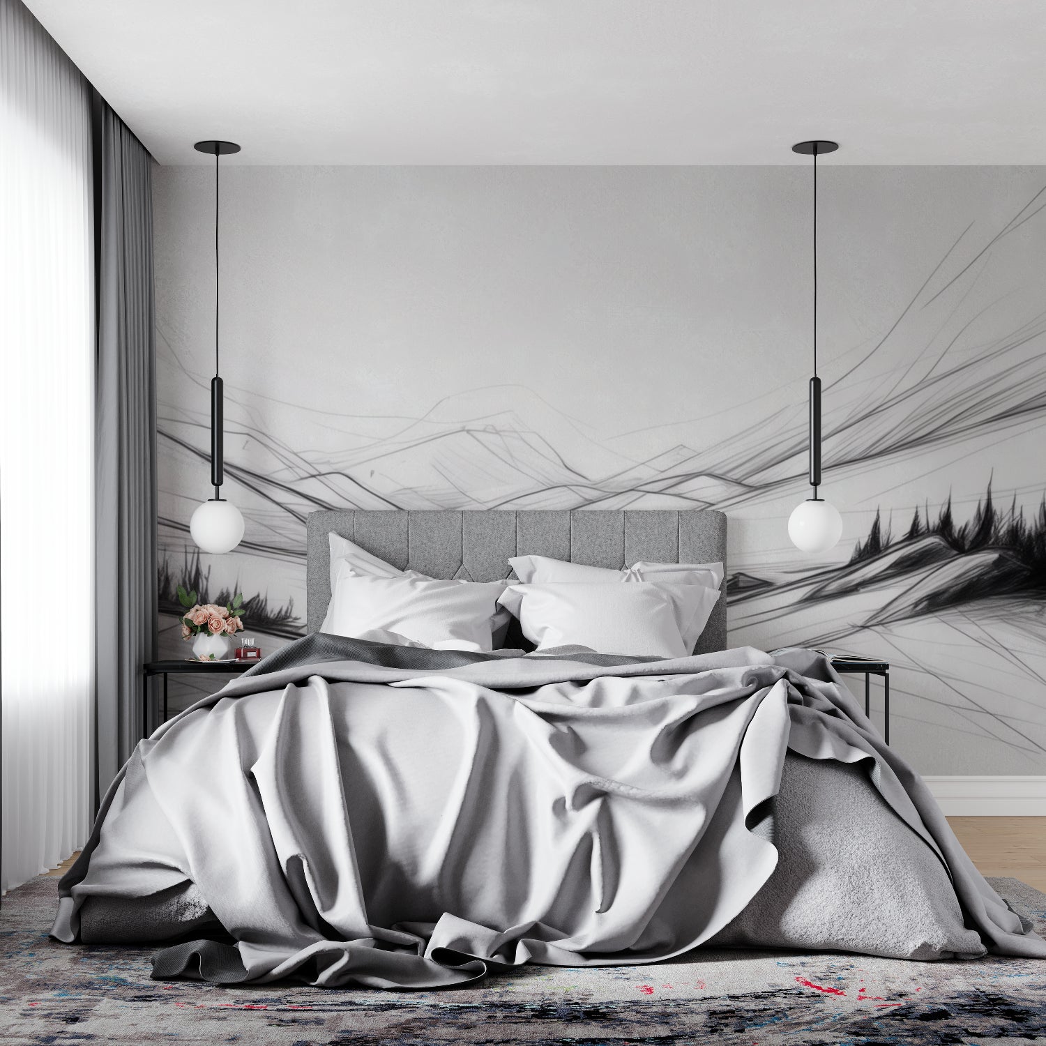 Sketch mountain mural bringing artistic flair to a home office space