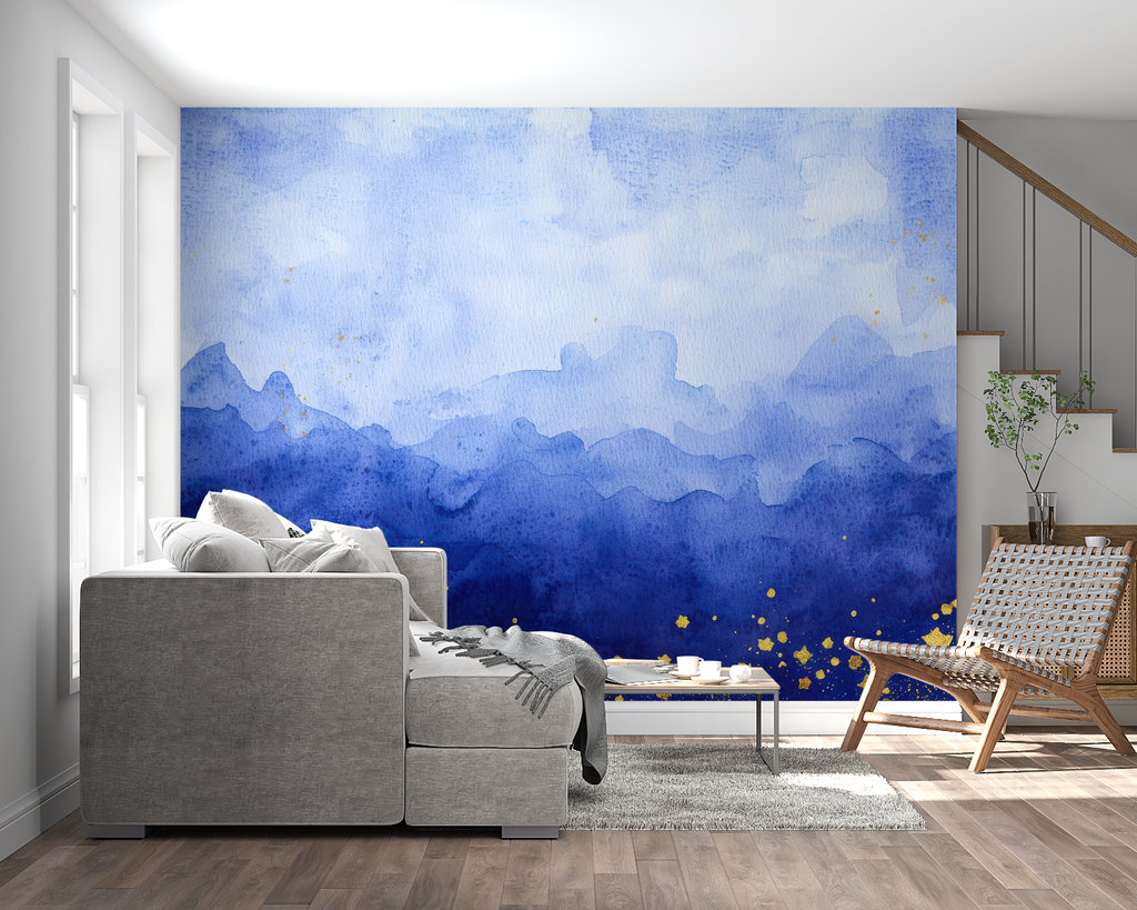 Watercolor mountain wallpaper adding calm to home office space