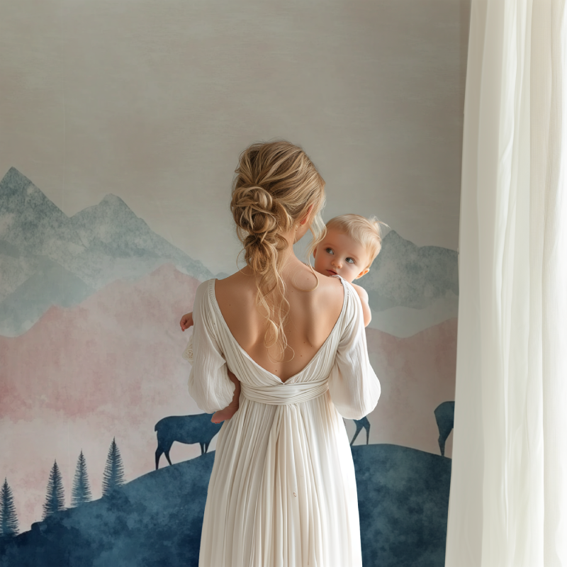Mountain landscape wallpaper with deer silhouettes creating a peaceful atmosphere in a modern nursery