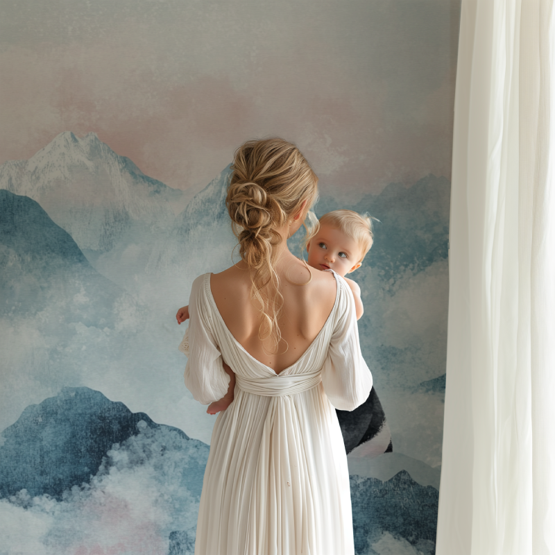 Panda mountain wall mural creating peaceful atmosphere in toddler's bedroom with reading nook