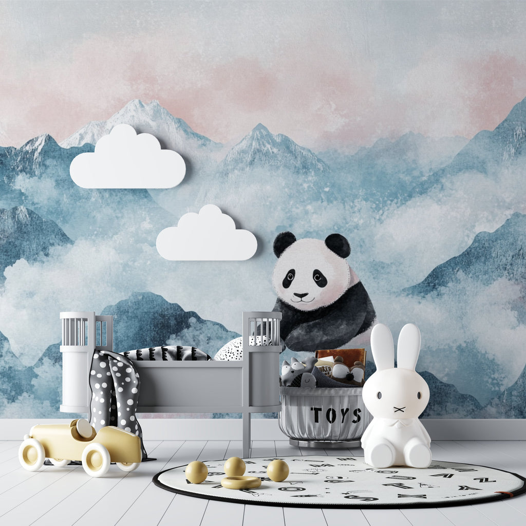 Dreamy panda nursery wallpaper in pink and blue tones shown in baby girl's room