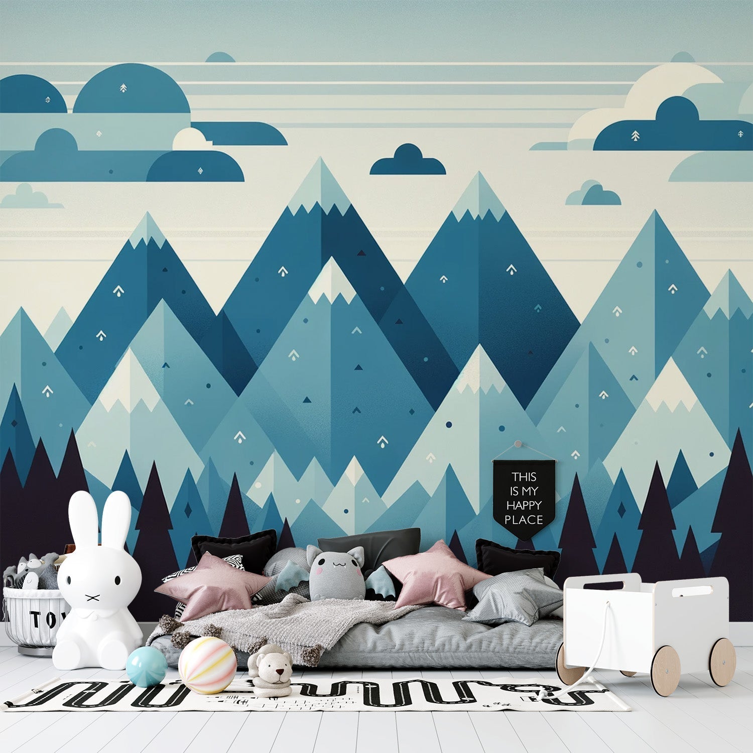 Mountain landscape wallpaper creating a serene atmosphere in a modern living room with blue geometric peaks and clean lines