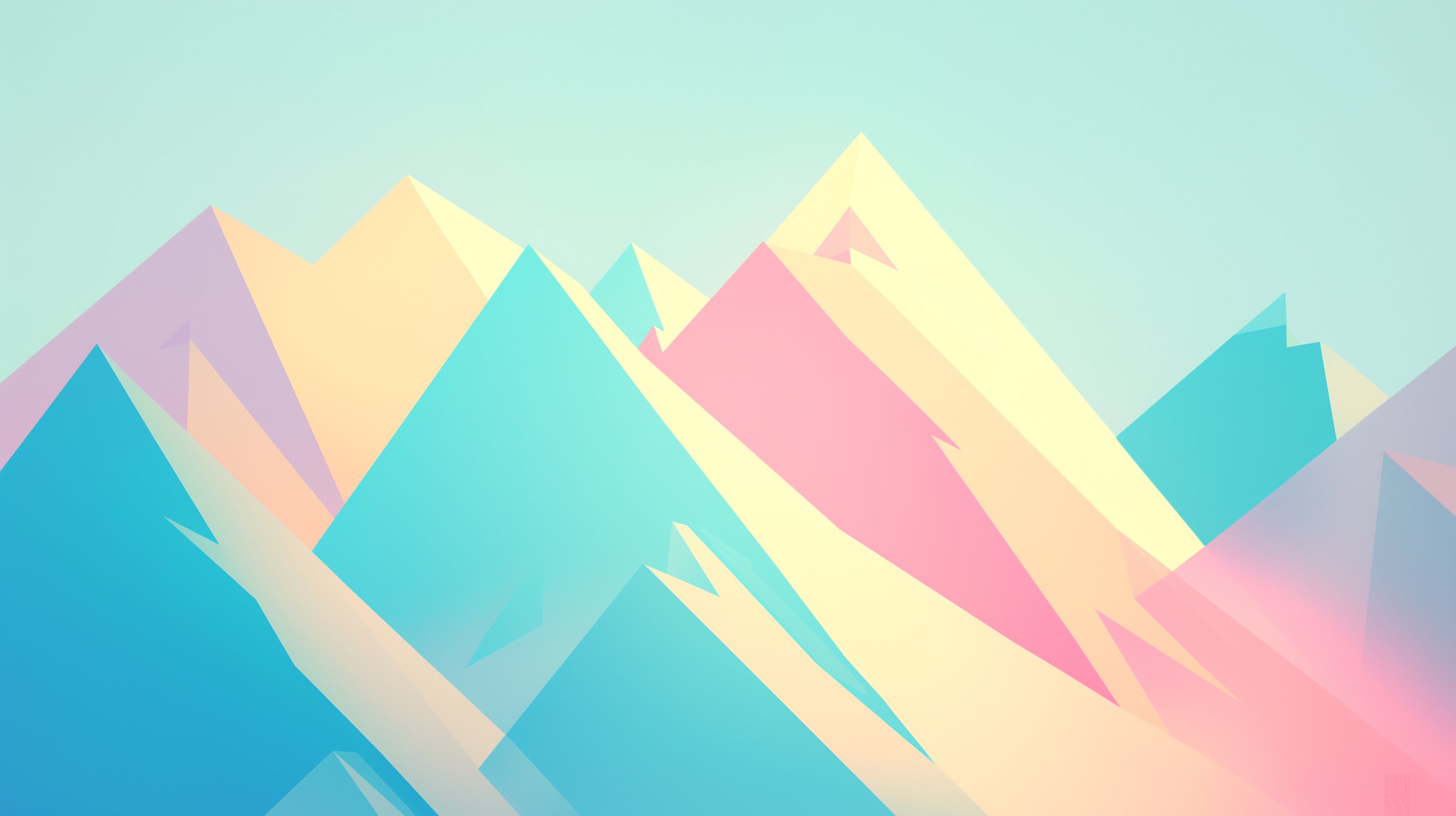 Geometric Mountain Wallpaper in modern minimalist living room, showing soft pastel peaks against white furniture