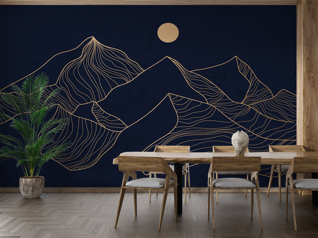 Mountain line art mural adding sophistication to dining room walls