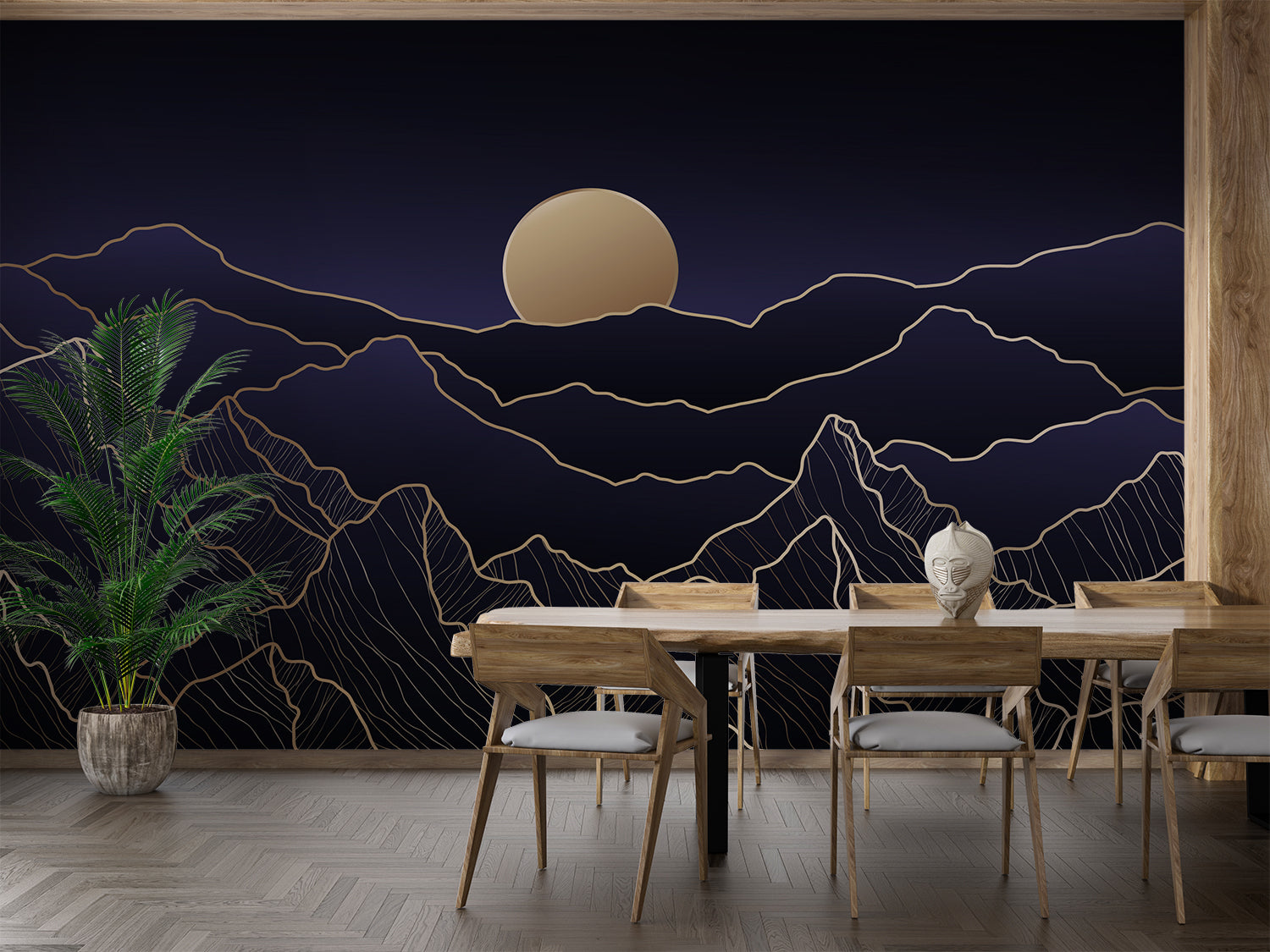 Navy mountain mural creating depth in minimalist living room