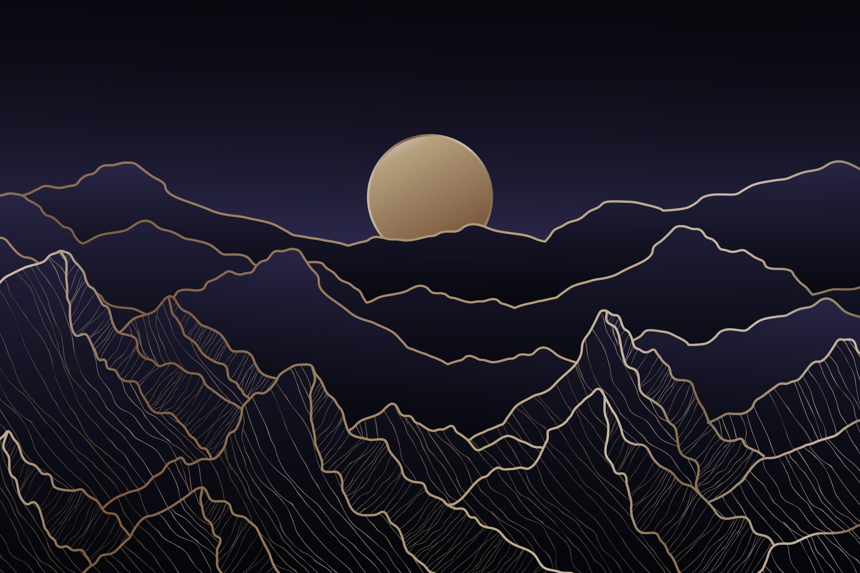 Mountain line art design file showing intricate gold details on navy background