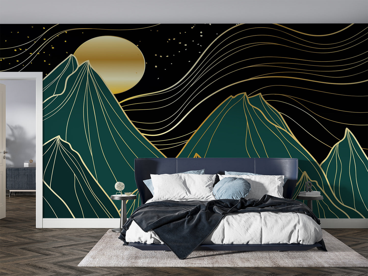 Green and gold mountain wallpaper in dining room with pendant lighting highlighting metallic elements