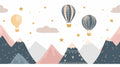 Mountain wallpaper with hot air balloons creating a magical atmosphere in a modern nursery with white furniture
