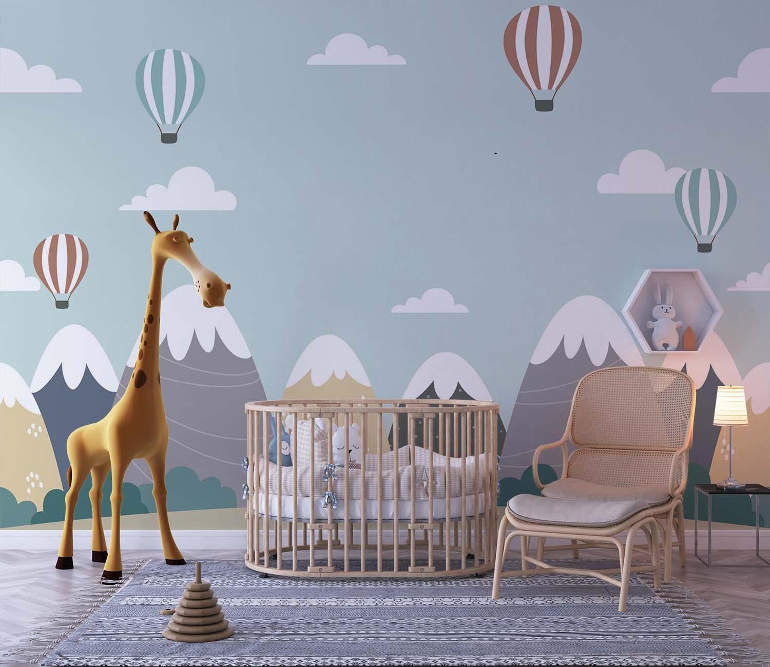 Reading nook with mountain and hot air balloon wallpaper creating cozy atmosphere