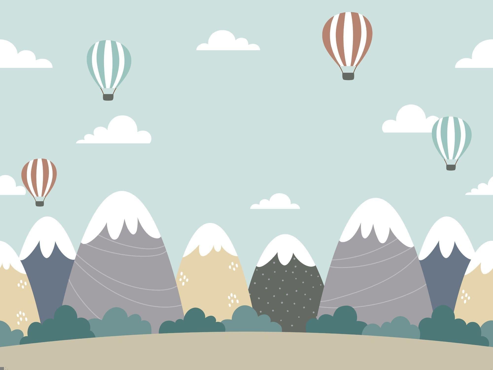 Mountain landscape design file with mint sky and floating hot air balloons pattern