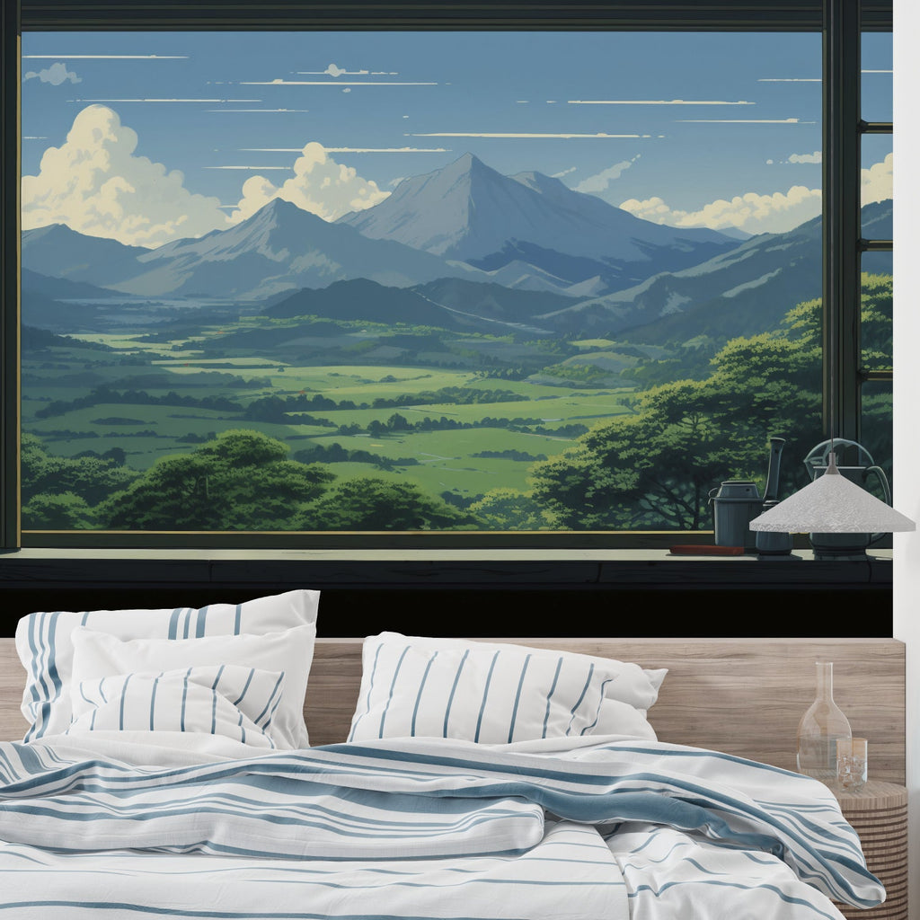 Mountain landscape wallpaper in modern living room, creating depth with Japanese anime style peaks